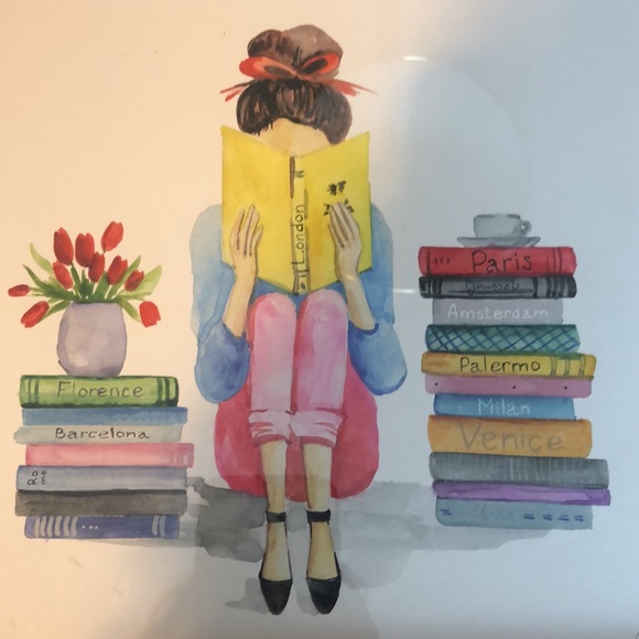 Watercolor hanging Art Girl Reading Books Tulips Paris London Original - Picture 4 of 16